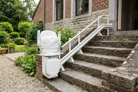 Buitentraplift gemonteerd aan een buitentrap of stoeprand