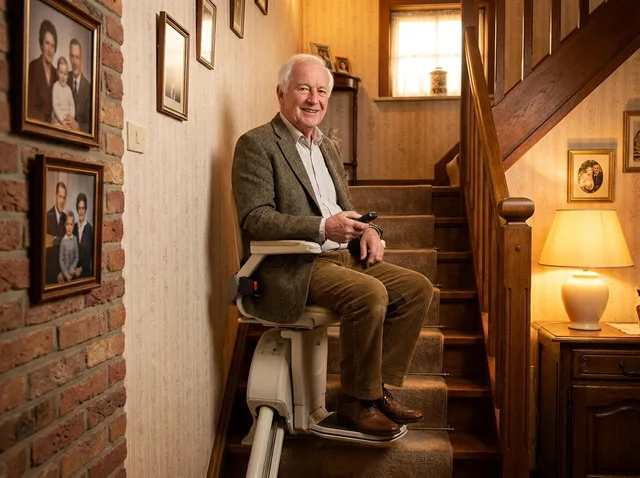 Senior die comfortabel gebruik maakt van een elektrische traplift thuis